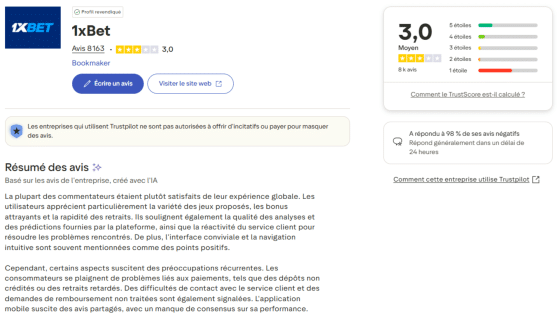 Avis 1xBet des joueurs sur Truspilot