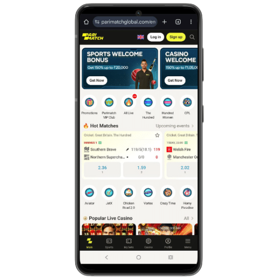 Mobile screenshot of the Parimatch site featuring sports and casino welcome bonuses, live cricket scores, promotions, and navigation options.