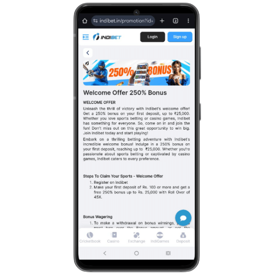  Indibet mobile screenshot showing a 250% welcome bonus on first deposit with steps to claim and wagering details.