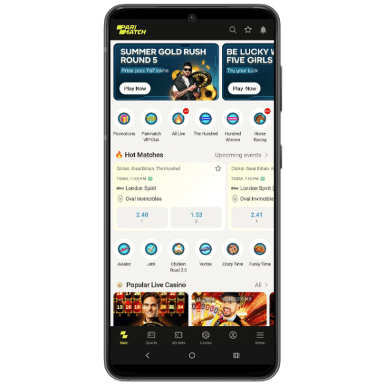 App: Screenshot of the Parimatch app homepage showing featured promotions, upcoming cricket matches, and game icons of Aviator and Crazy Time