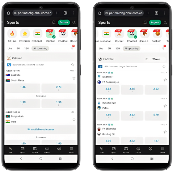 Betting markets: Two screenshots of the Parimatch mobile website showing cricket and football betting markets for matches like Australia vs South Africa, Bangladesh vs India, and the UEFA CL
