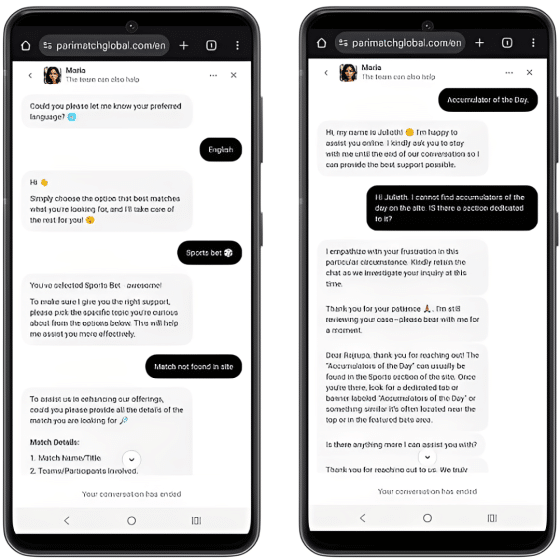Customer chat: Two mobile screenshots showing interaction with Parimatch's customer support on chat