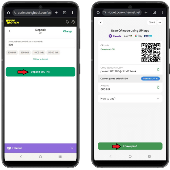 Deposit: Parimatch mobile website showing the UPI deposit process with ₹800 entered in the field and a QR code payment screen