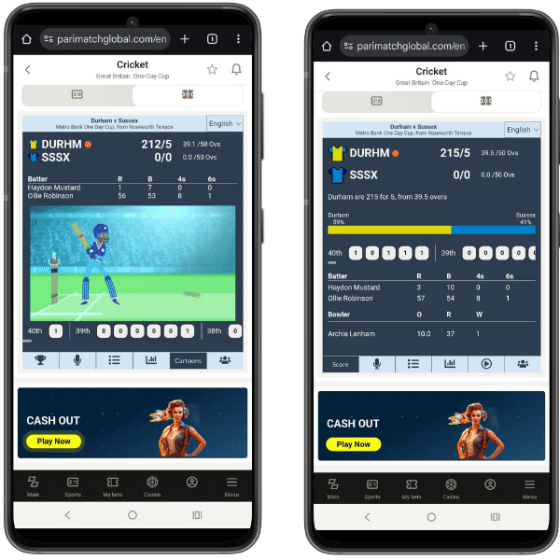 Live betting: Screenshot of the Parimatch mobile site displaying live match stats for Durham vs Sussex, with scorecards and over-by-over updates