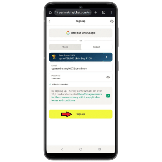 Registration: Parimatch mobile registration interface with an email address entered along with password and an arrow pointing at the Sign Up button