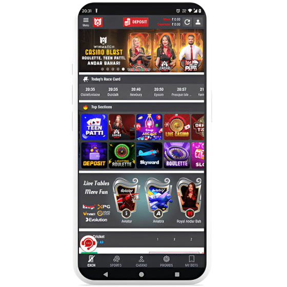 Screenshot of the Winmatch app showing top categories like Teen Patti, live casino, and roulette, as well as the navigation ribbon at the bottom