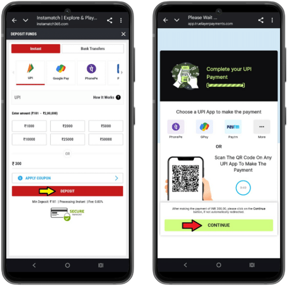 Two mobile screenshots of a UPI deposit in progress on the Winmatch site
