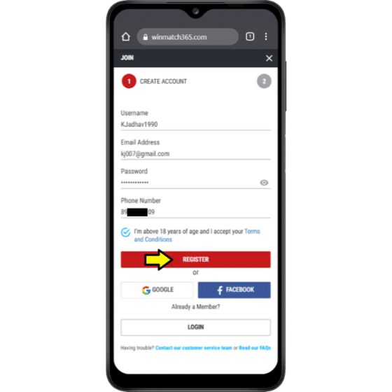 Screenshot of the Winmatch mobile site with the registration form and username, email address, password, and phone number entered