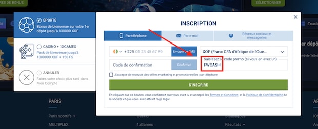 Cr&eacute;ez un compte avec le code promo 1xBet