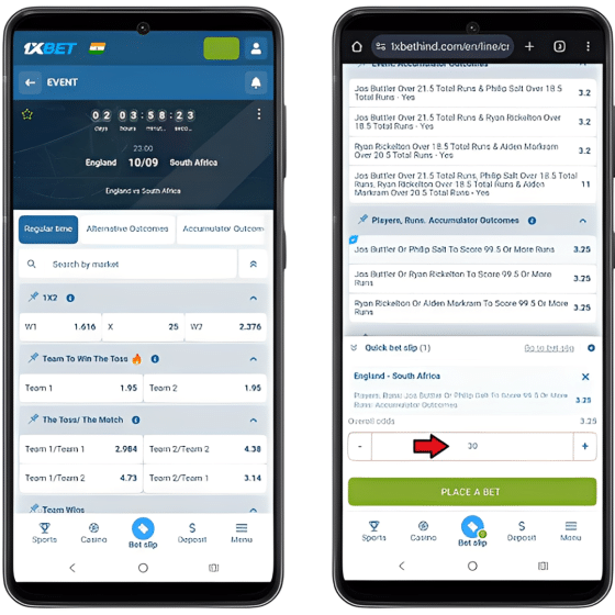 Screenshot of the 1xBet mobile site showing a ₹30 bet on an England vs South Africa pre-match market with odds of 3.25