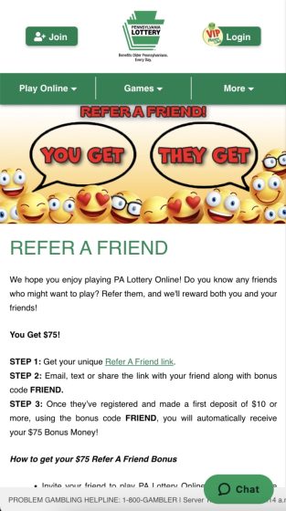 PA Lottery refer a friend bonus