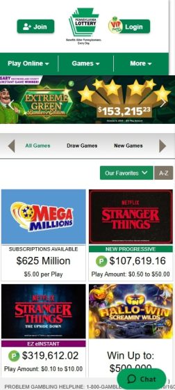 PA Lottery jackpots & einstant games