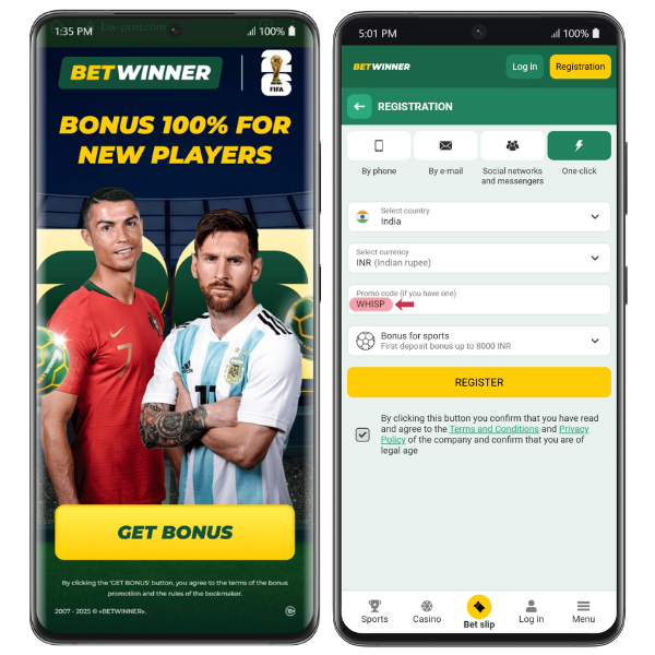 An image showing the Betwinner landing page and the Betwinner sign up form for new users.