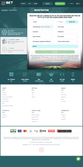 22bet registration canada