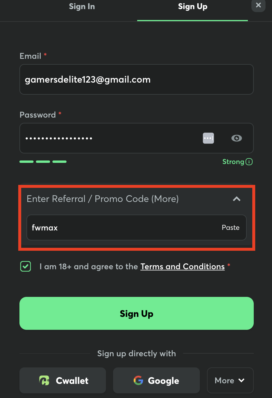 This image displays the BC.Game sign-up form, where the bonus code fwmax is clearly marked in red.