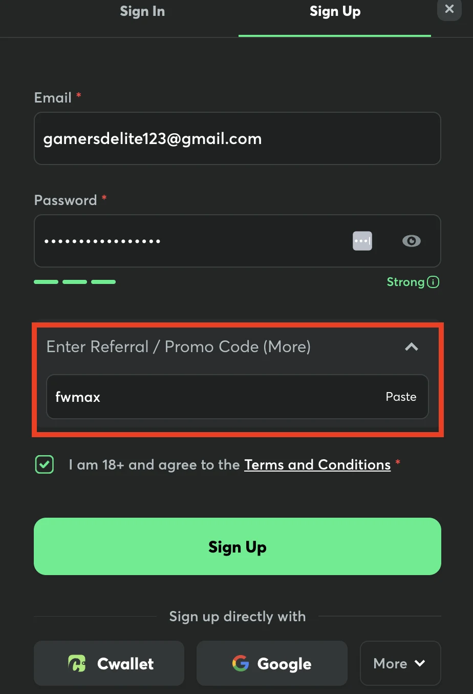 This image displays the BC.Game sign-up form, where the bonus code fwmax is clearly marked in red.