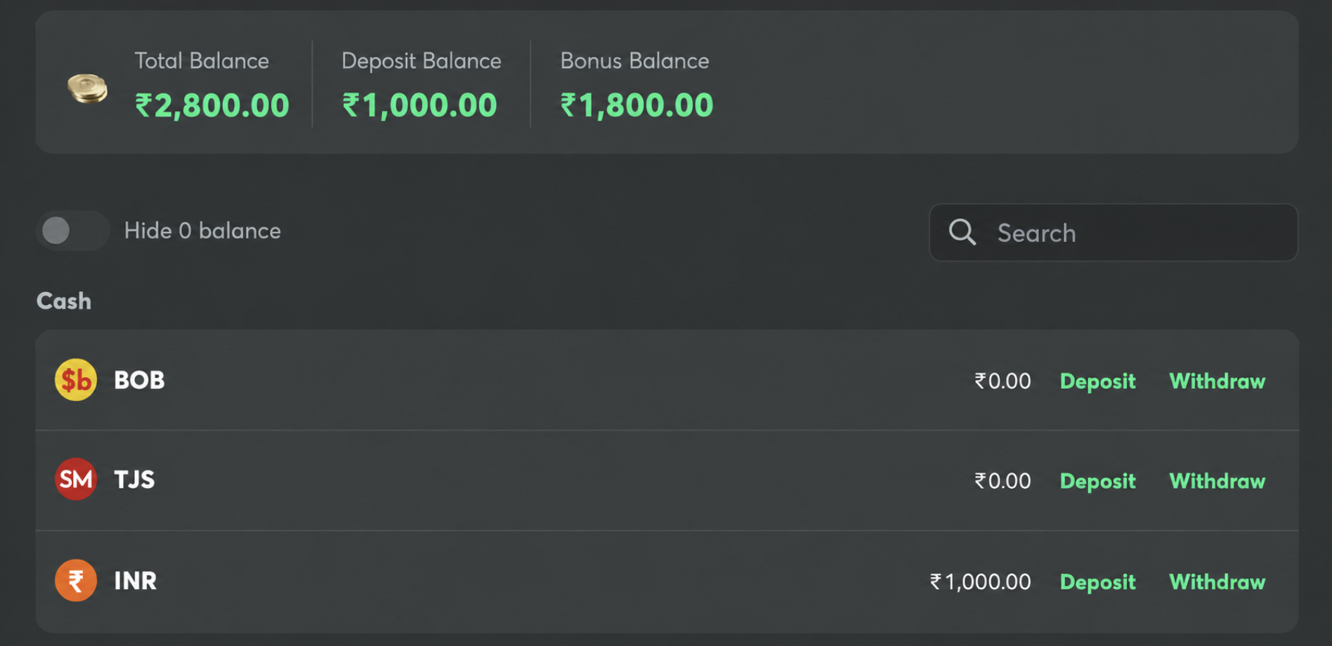 An image showing BC.Game deposit balance and bonus balance 