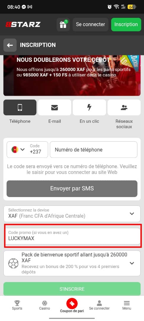 code promo LUCKYMAX pendant inscription par tel sur 888Starz