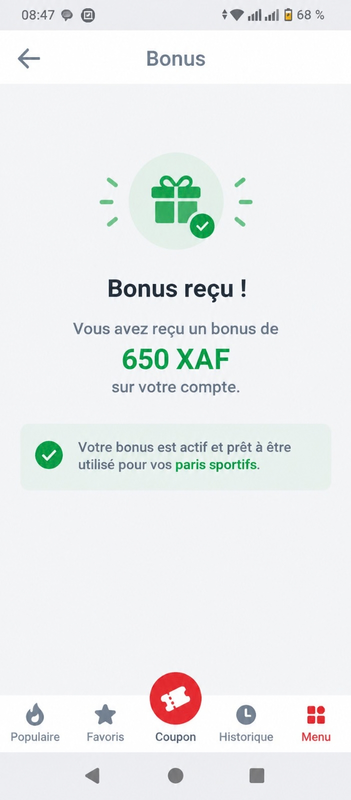 Message bonus sport recu confirmation validation de la transaction