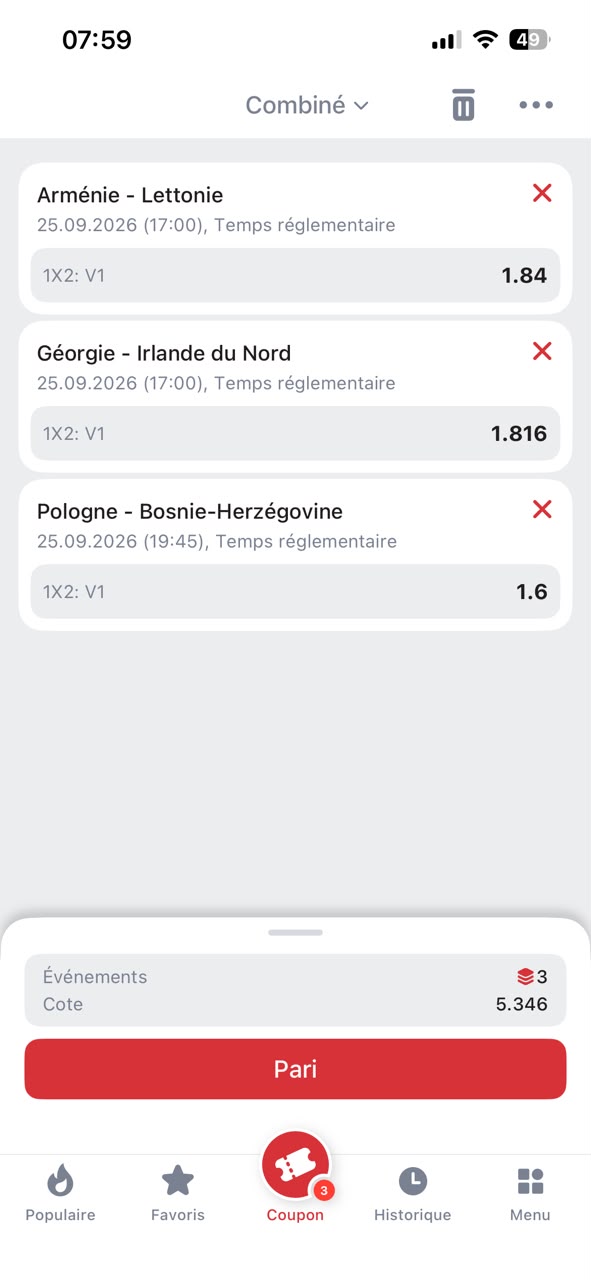 Ticket 3 matchs pour combine pour code bonus sport sur 888Starz