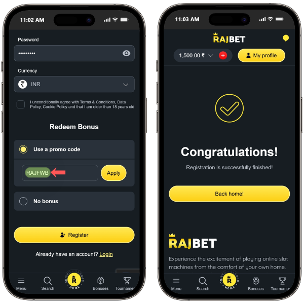 This image shows the Rajbet sign-up form with a promo code added, which unlocks a bonus.