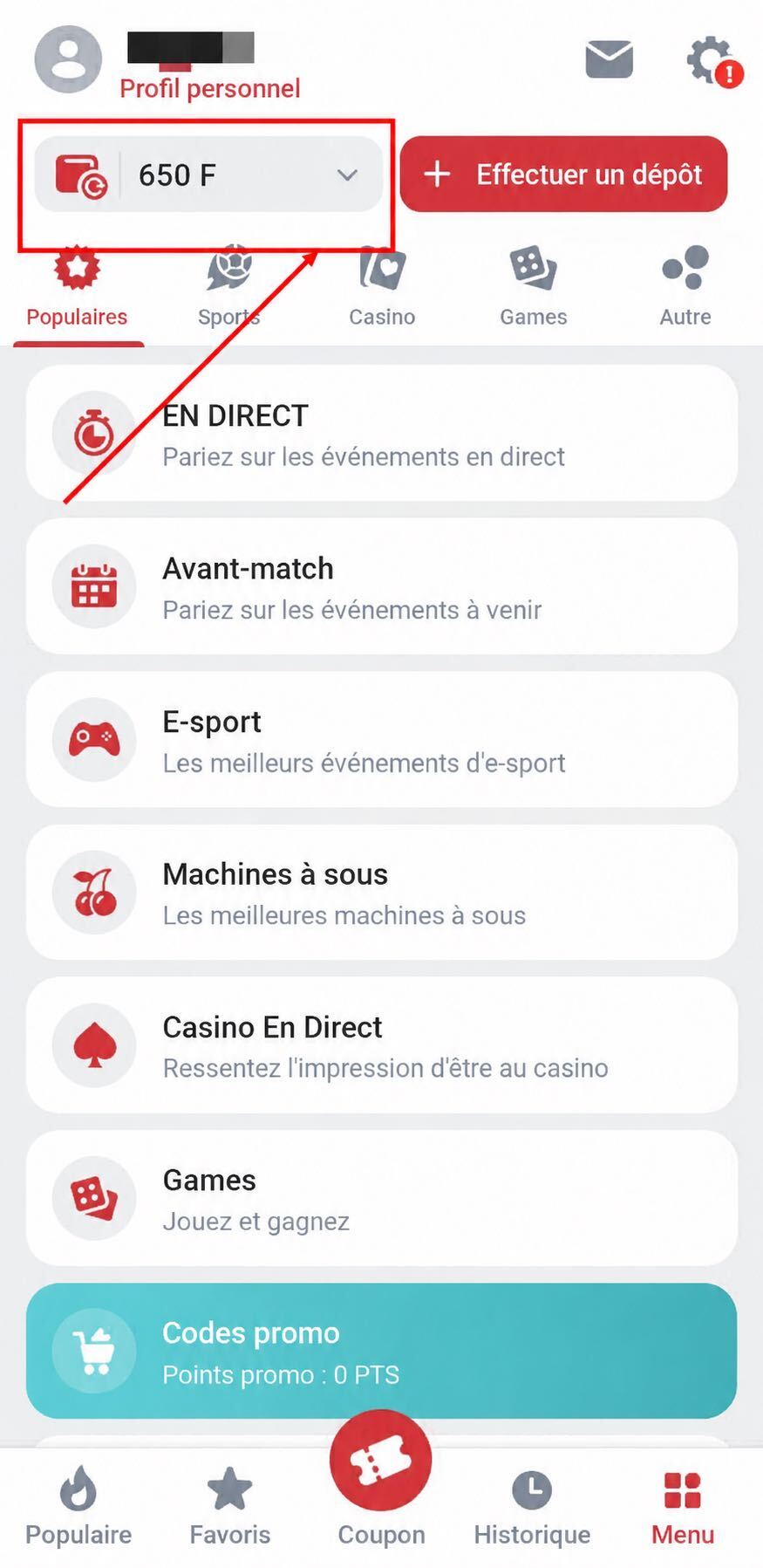 Confirmation bonus re&ccedil;u avec code promo : compte joueur 650 F sur 888starz 