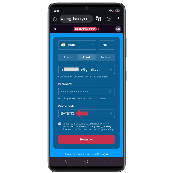 The Baterybet signup page displays a field where users can enter a promo code.