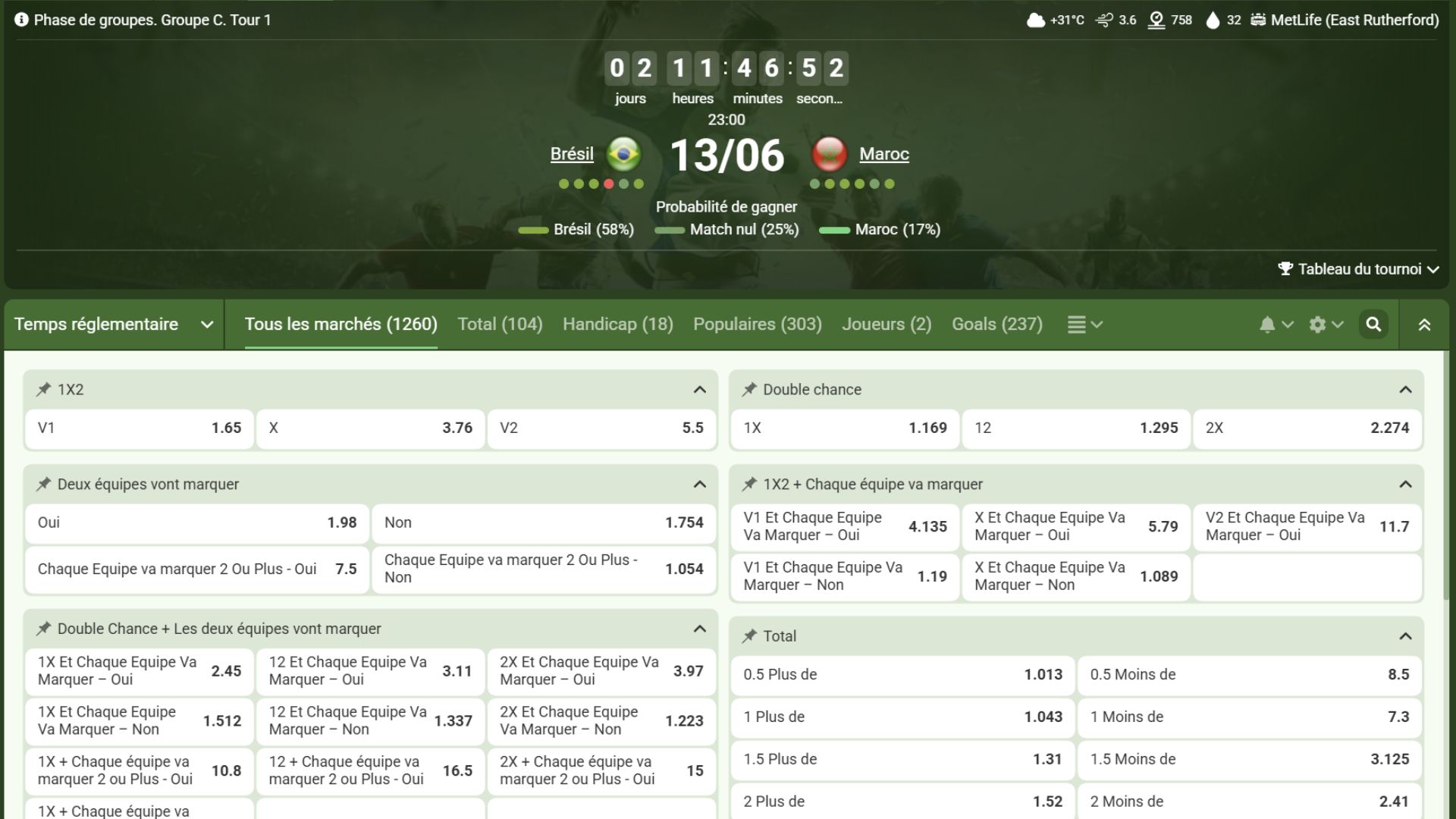 Parier sur Maroc vs Brésil sur Linebet avec le code STARMAX