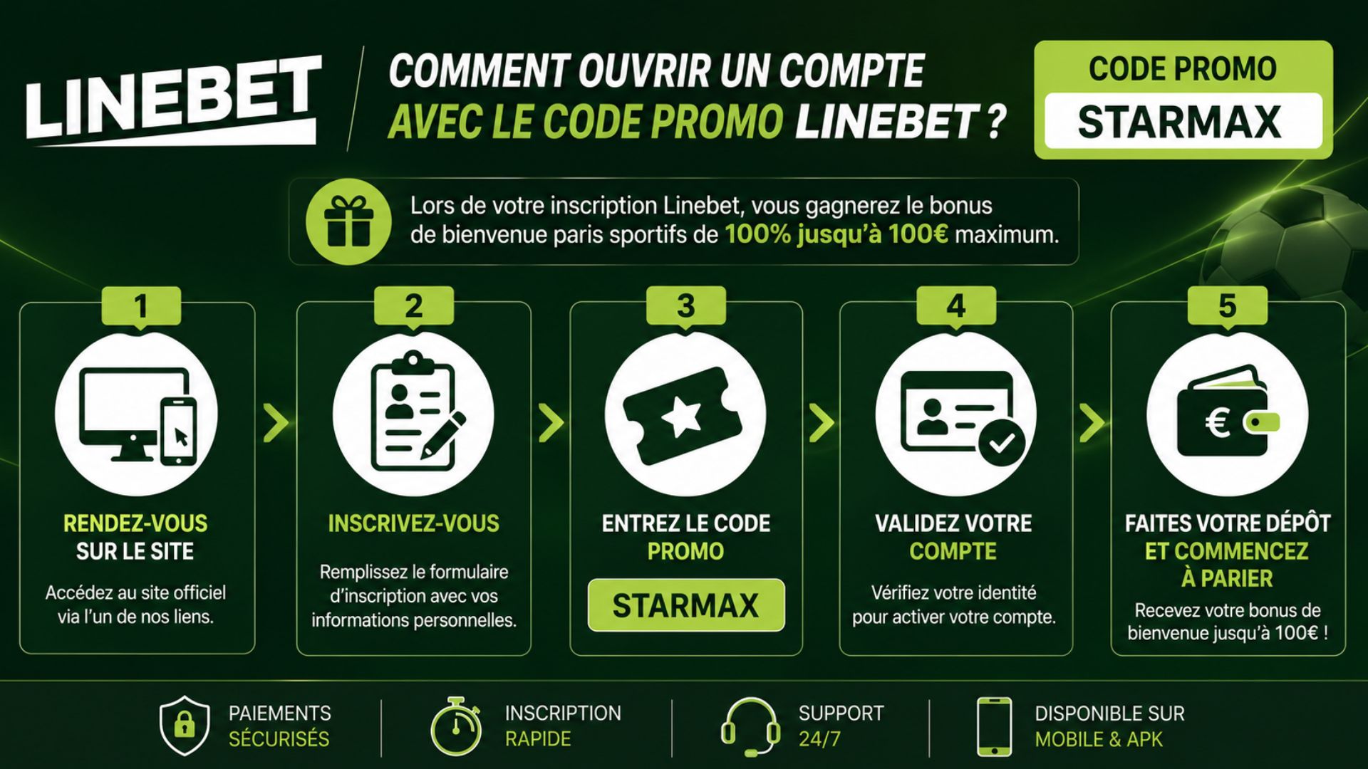 Entrez le code promo STARMAX à l'inscription sur Linebet