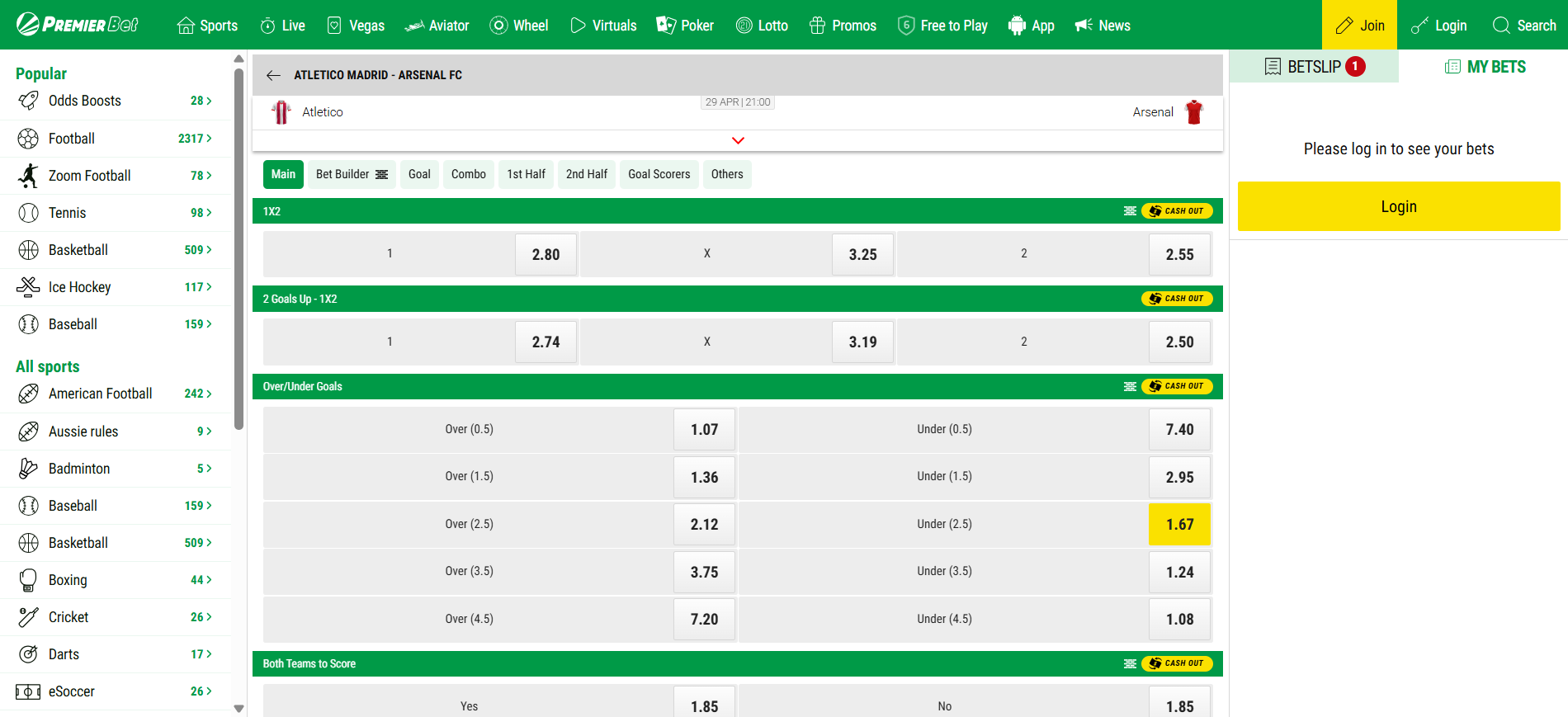 atletico arsenal prono Premier bet