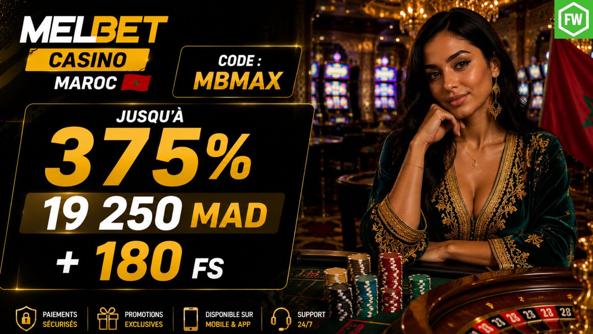 Le code d'inscription MelBet pour le Maroc offre un pack de 19250 MAD avec 180 tours gratuits