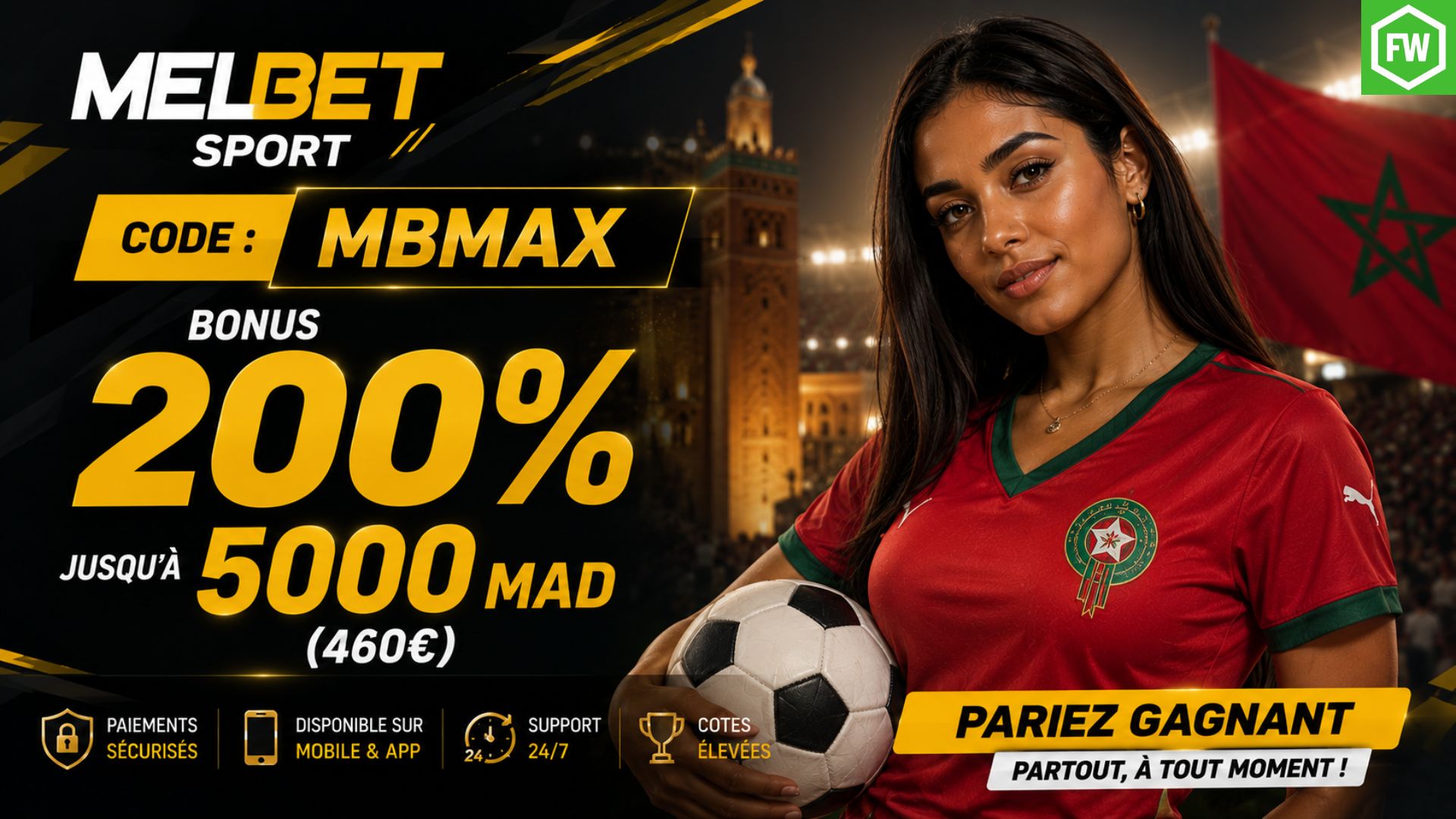 Le code bonus Melbet au Maroc propre un bonus de bienvenue de 5000 MAD pour miser sur le sport