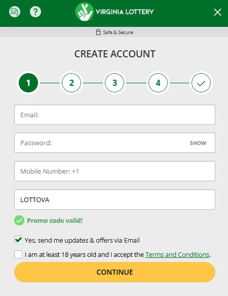 va lottery promo code sign-up form and registration