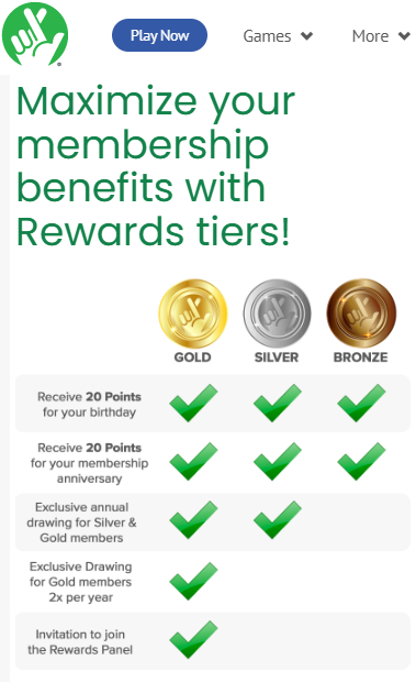 Virginia Lottery Rewards Program tiers: Bronze, Silver, and Gold with point thresholds