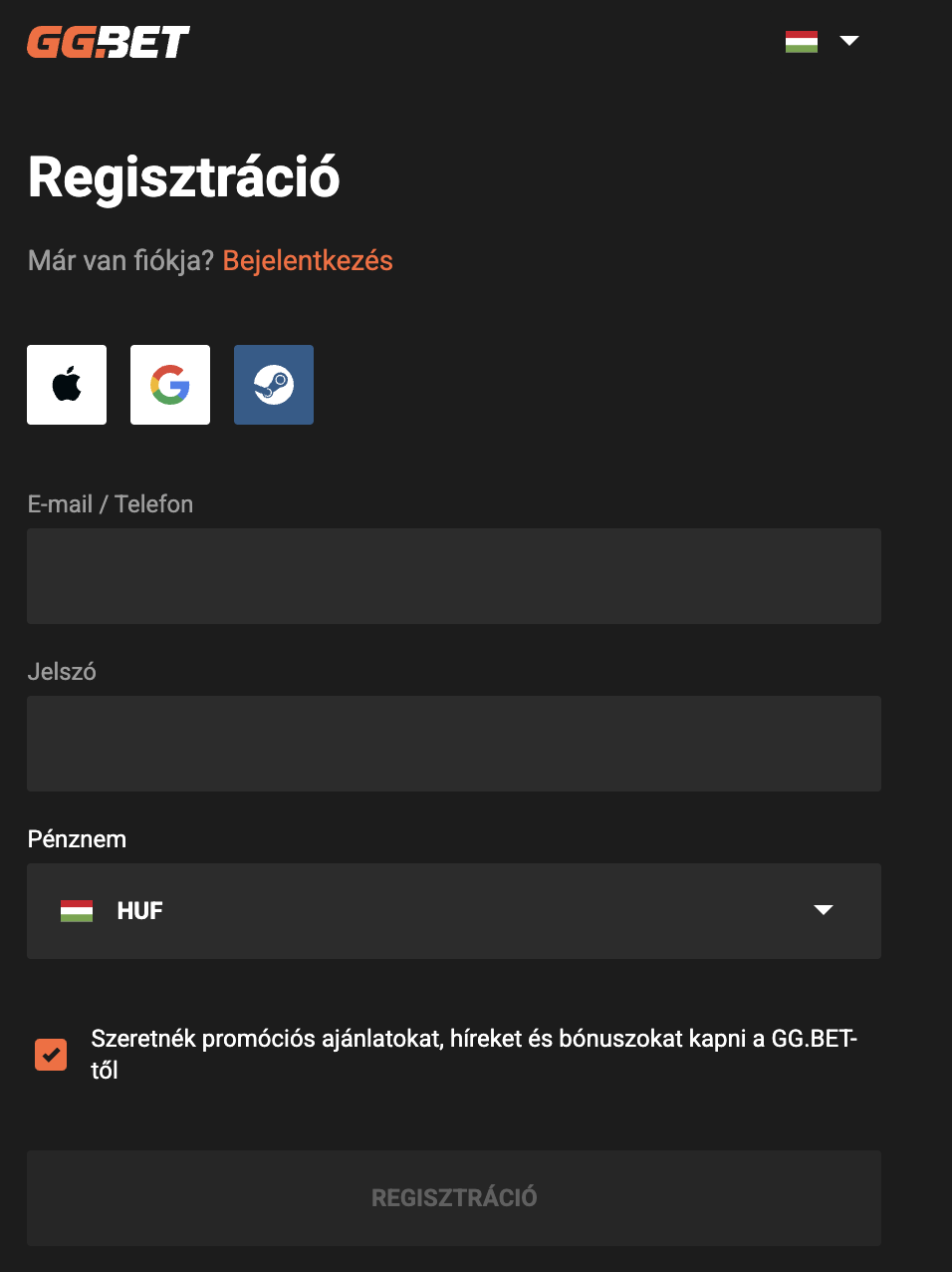 regisztrációs folyamat GGbet