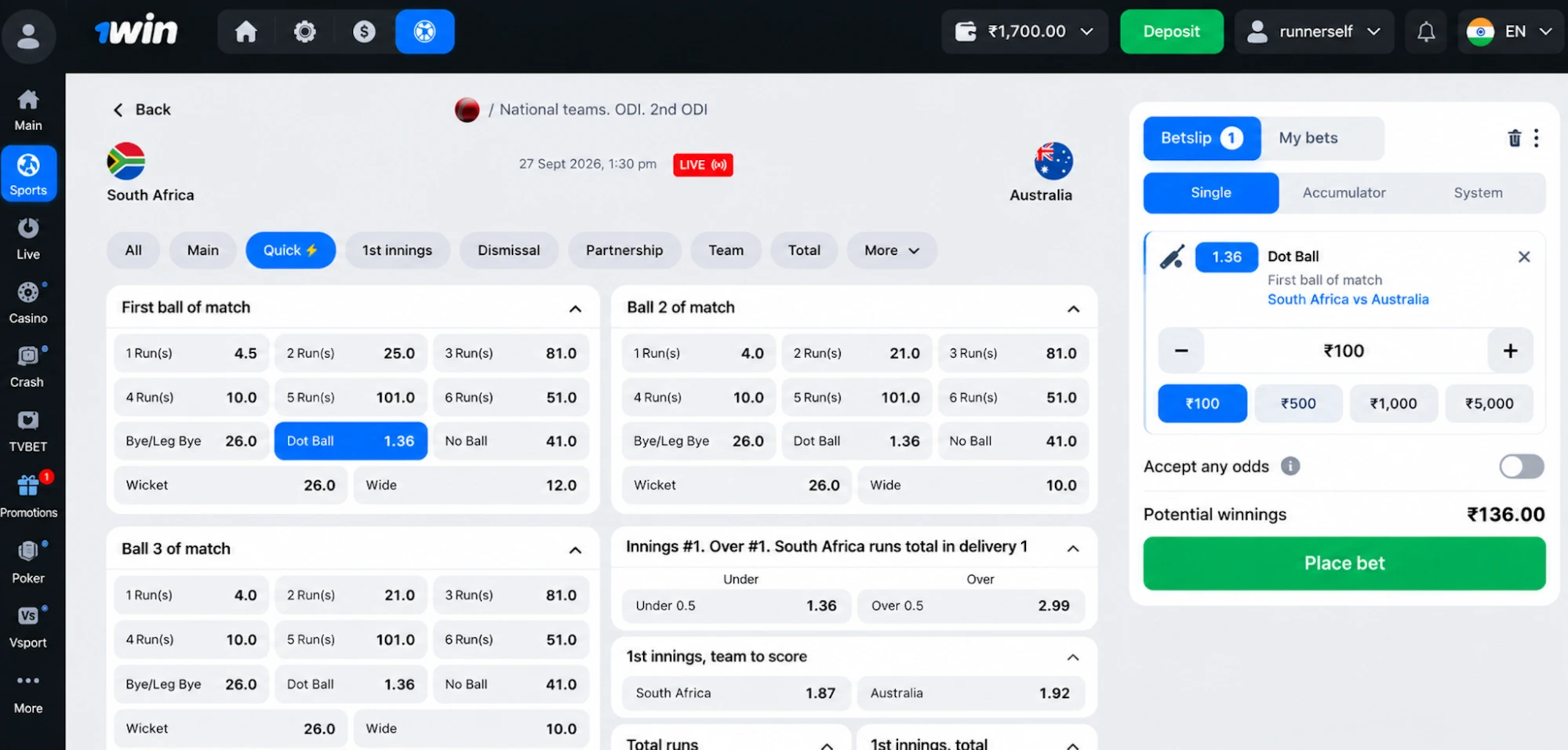 1win one-click cricket bet