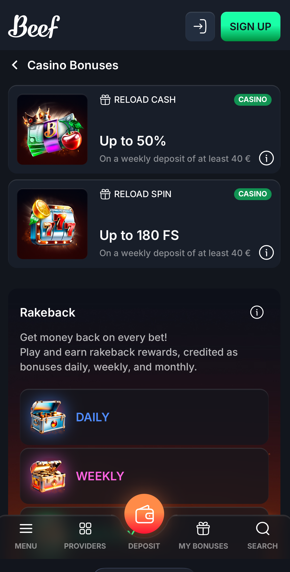 Beef Casino Promóciók