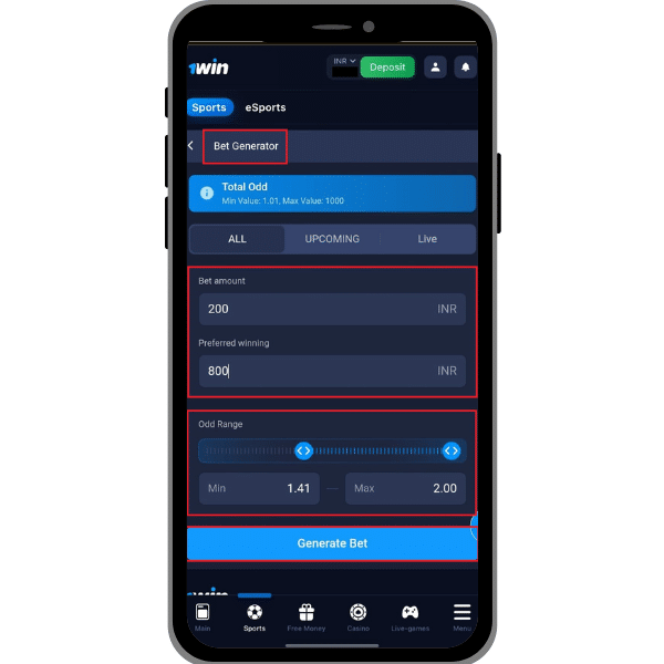 Screenshot of Bet Generator feature on 1win