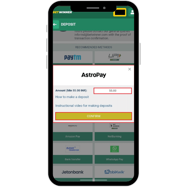 Deposits page on Betwinner