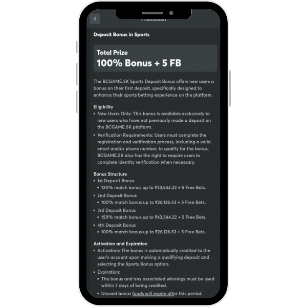Sports deposit bonus page on BC Game