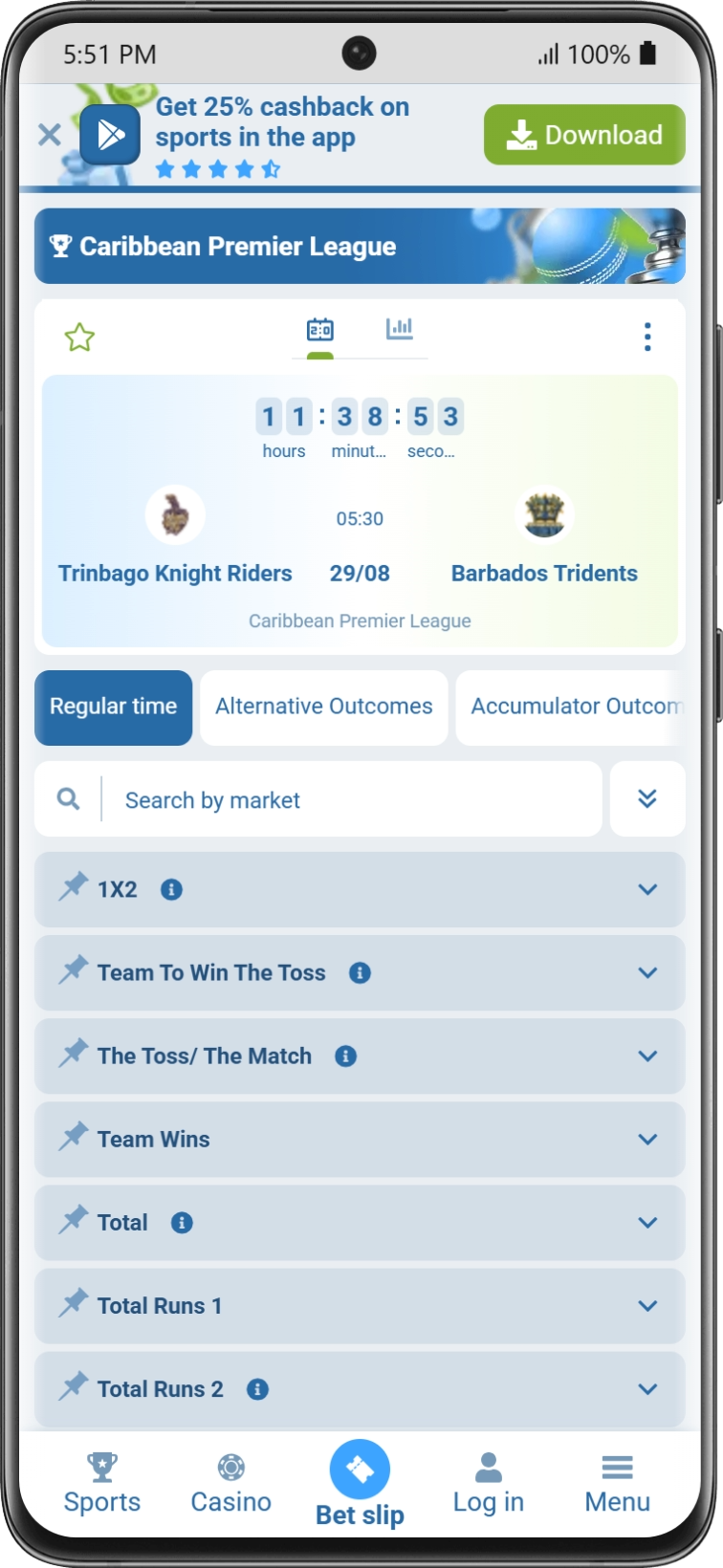 Online cricket betting markets on 1xBet site