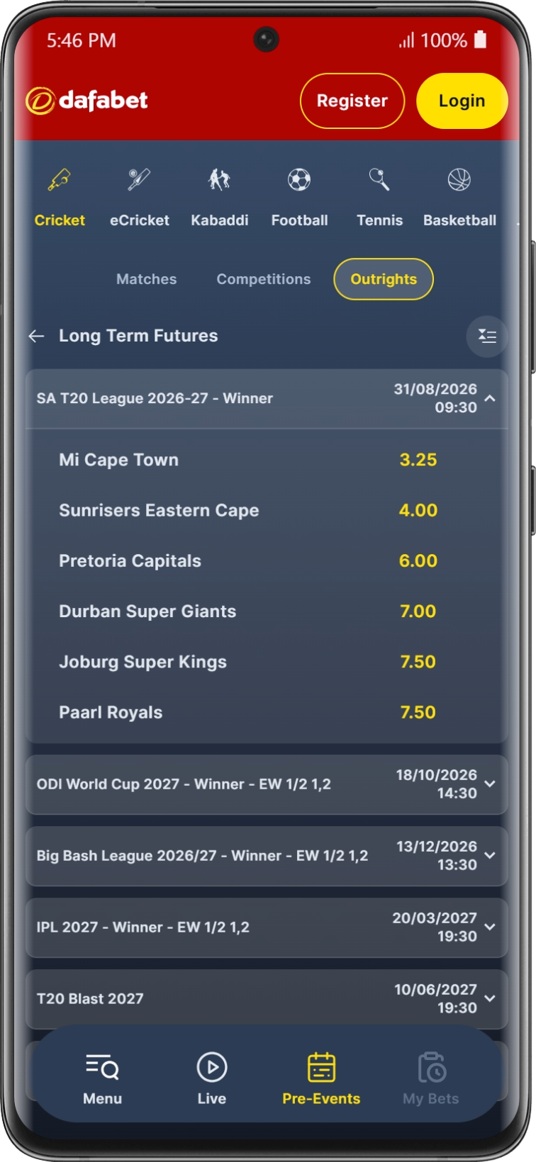Cricket betting outrights page on Dafabet