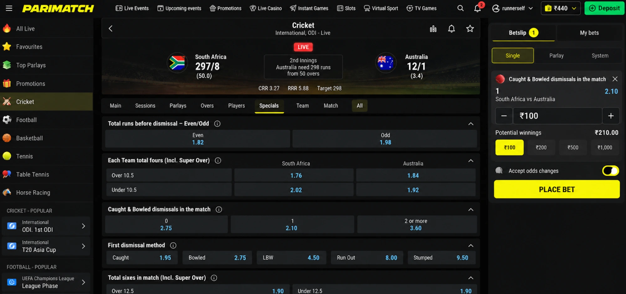 Parimatch cricket betting specials