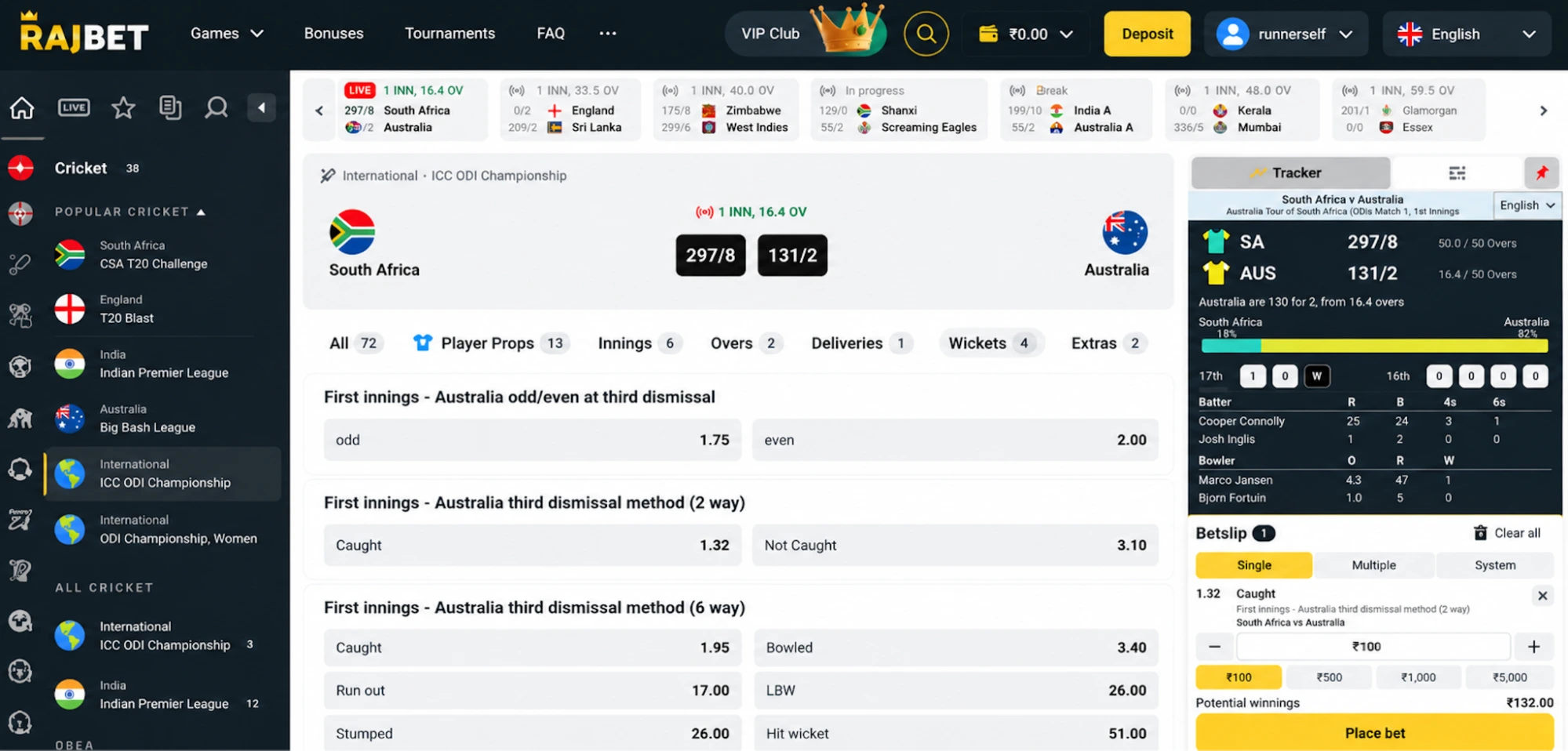 Rajbet live cricket markets