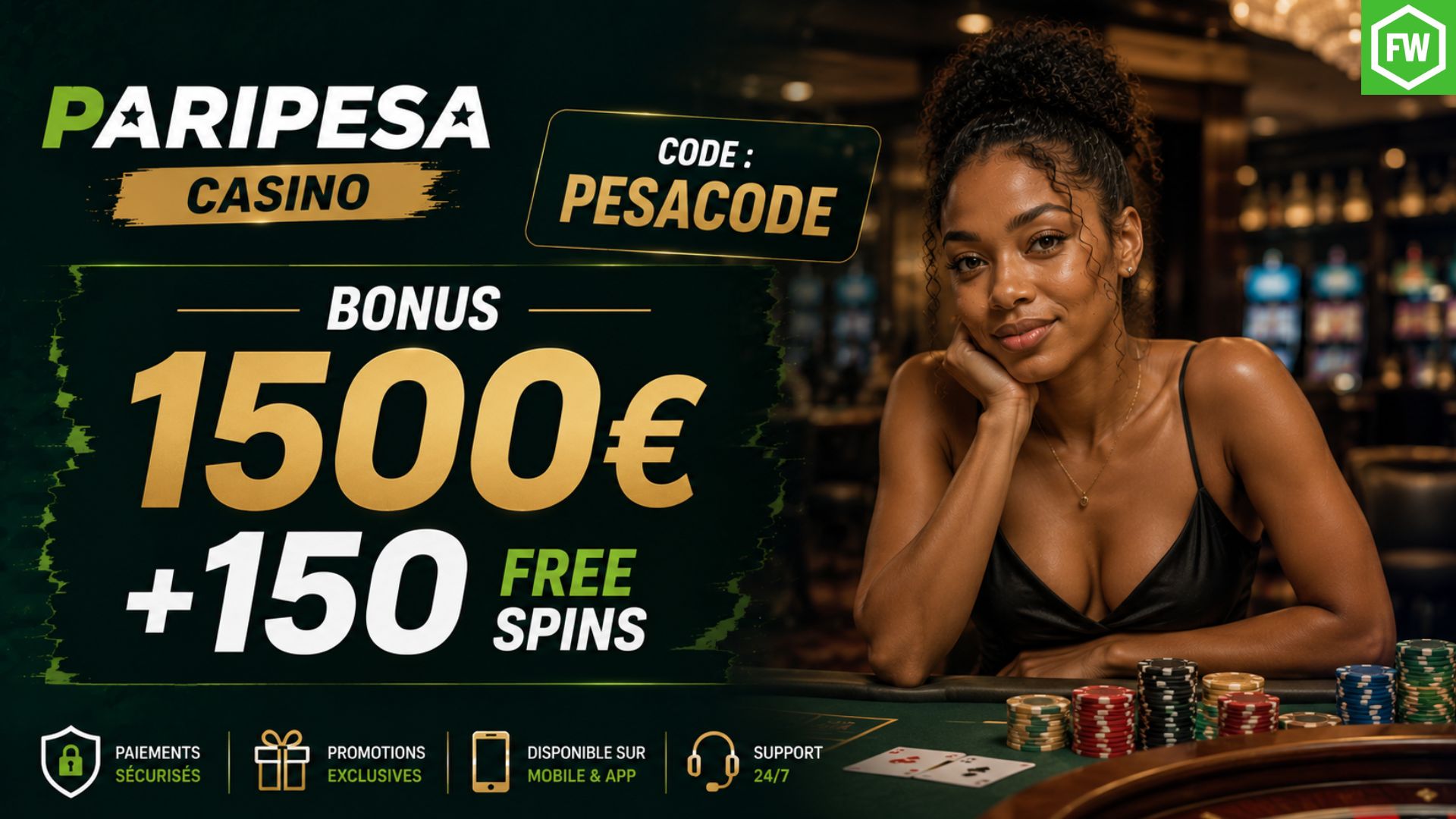 Le code promo Paripesa casino propose un bonus de bienvenue de 1500&euro; avec 150 free spins