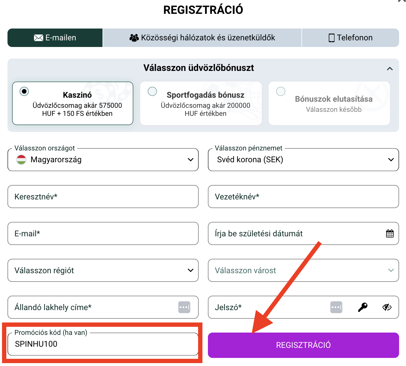 Regisztráció a Spinbetter promóciós kód használatával