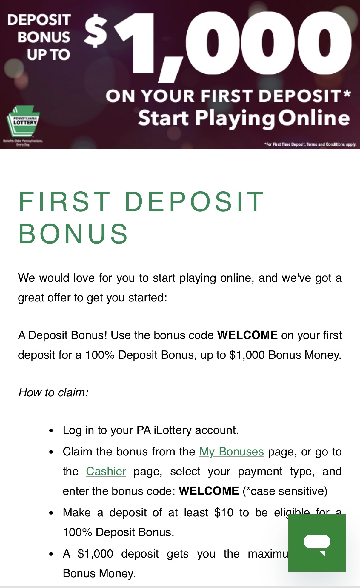 PA lottery promo-code LOTTOPA 1000 dollars bonus