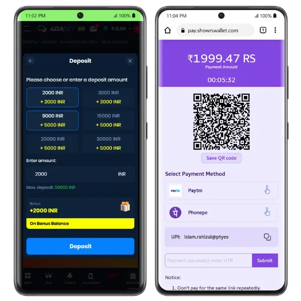 An image showing the 4rabet deposit page and the QR code for PhonePe UPI wallet transfer