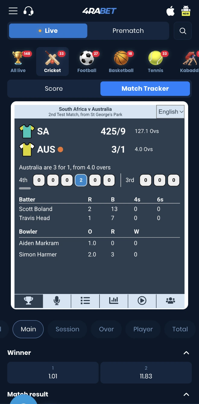 4rabet cricket match tracker feature