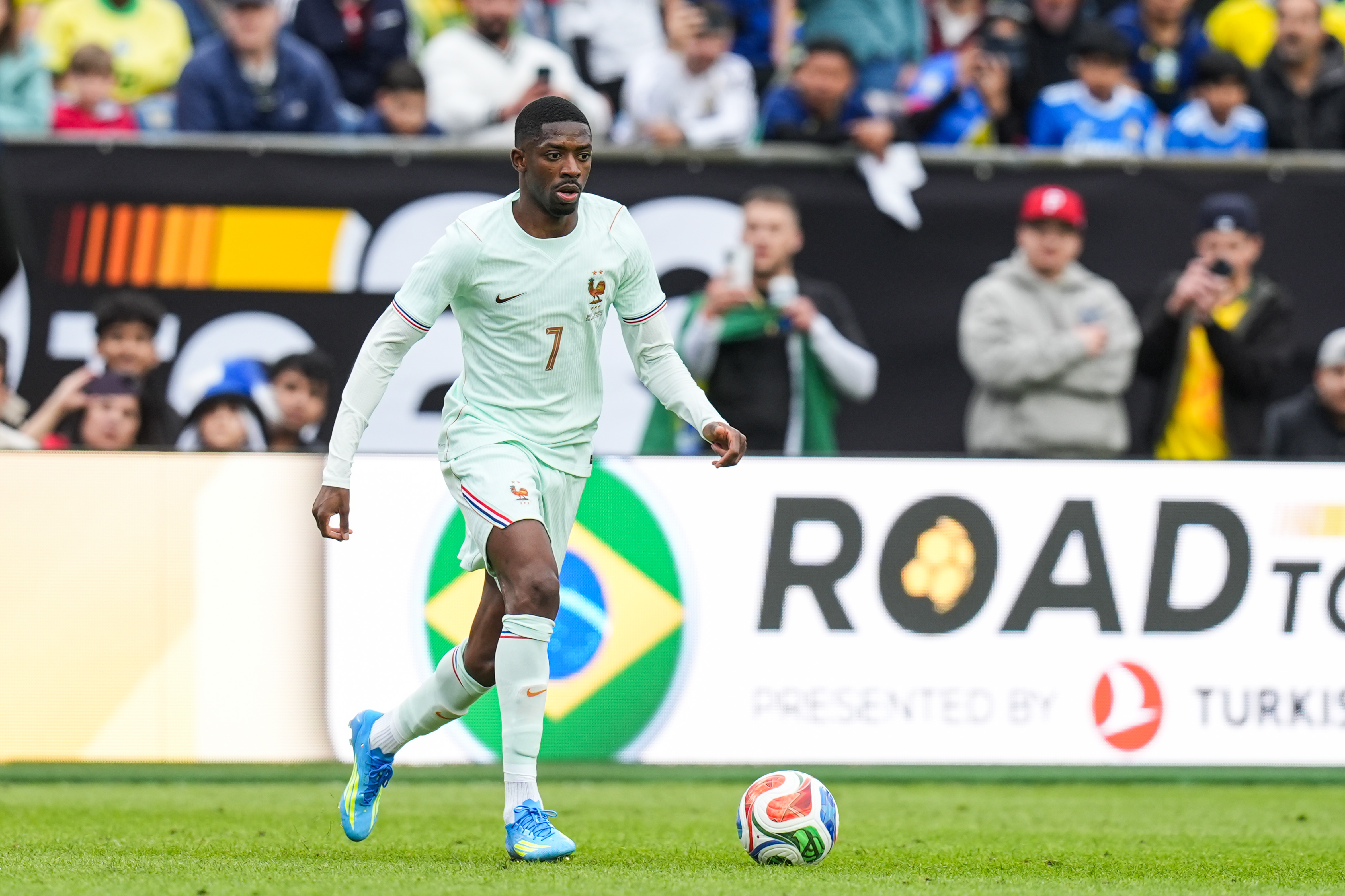 Ousmane Demb&eacute;l&eacute; (France) lors du match amical entre le Br&eacute;sil et la France au Gillette Stadium le 26 mars 2026 &agrave; Foxborough, Massachusetts, &Eacute;tats-Unis. (Photo : Daniel Derajinski/Icon Sport)